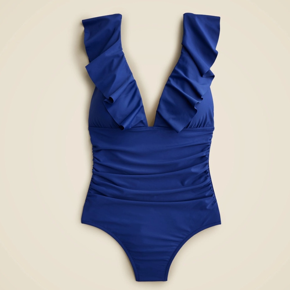 J. Crew | Ruched Ruffle One Piece Bathing Suit Swimsuit Blue | 14 New with Tag
